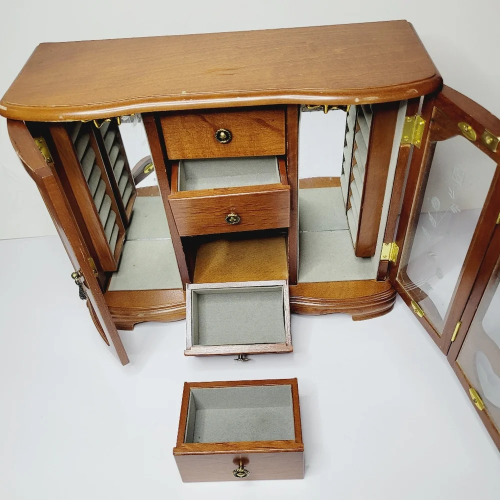 Vintage Wooden Jewelry Box Armoire Cabinet Etched Glass Doors Multiple Draws DIY